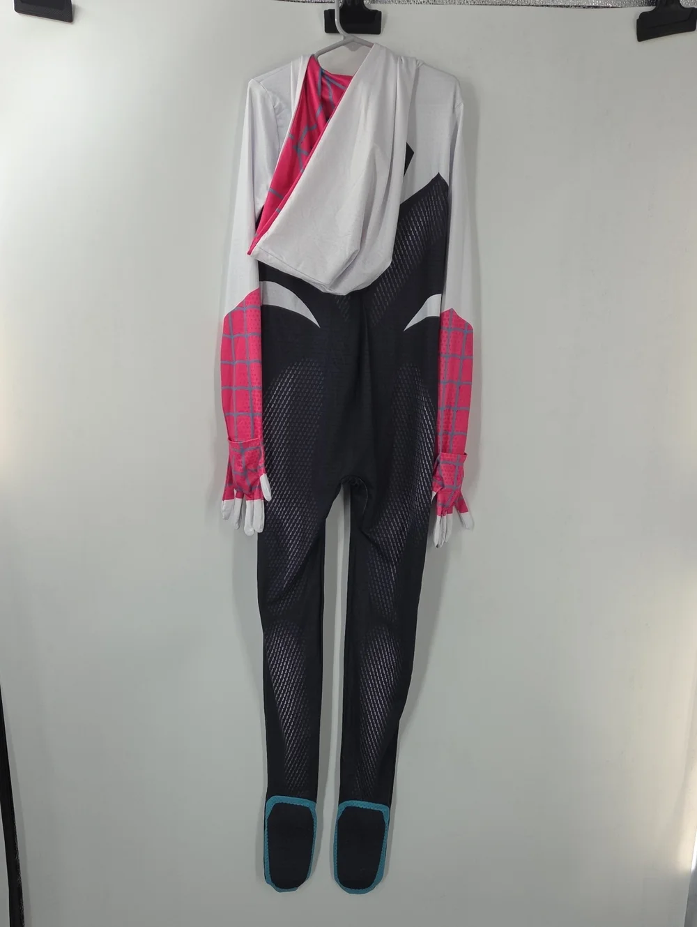 Spider Gwen Kids Superhero Hooded Jumpsuit in White, Black and Pink Size L